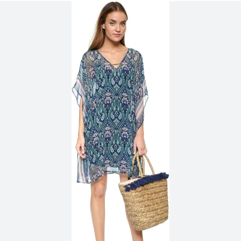 NWOT Ella Moss Lorelei Caftan 2 Pc Silk Coverup Blue Paisley Print - Size Small